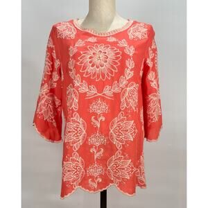 Solitaire Salman Embroidered Lotus Blouse Sz S Floral Shirt Crochet Boho Fairy
